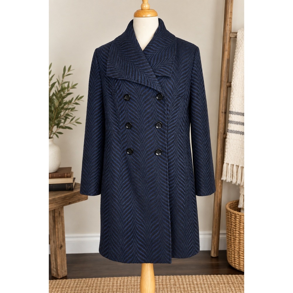 Wool Blend Herringbone Double Breasted Long Coat Shawl Collar Navy Size 16
